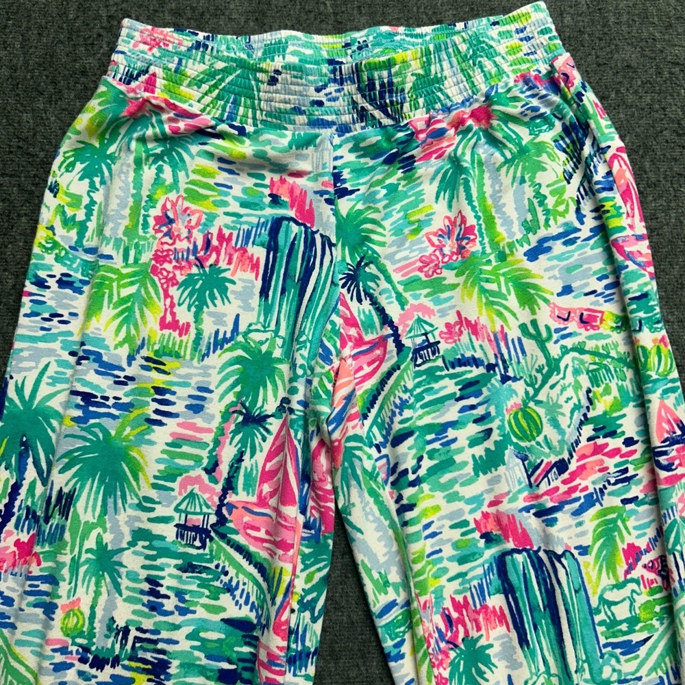 Lilly Pulitzer Pajama Pants XS PJ Knit Green Blue Pink Palm Sailboat Womens READ